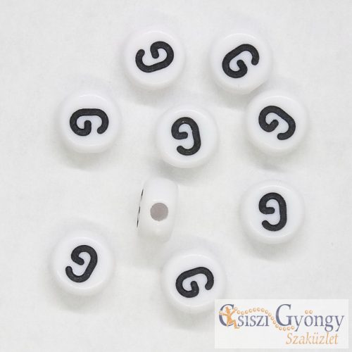 Betű gyöngy "G", fehér, kerek, 7 mm - 1 db