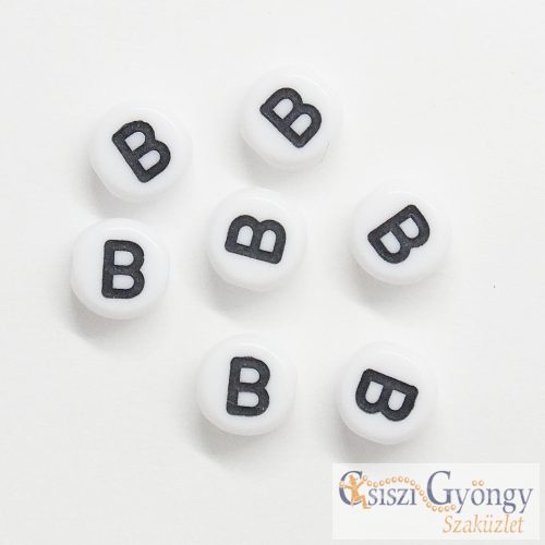 Betű gyöngy "B", fehér, kerek, 7 mm - 1 db