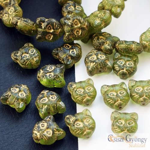 Olivine Cat - 1 pcs. - 13x12 mm Glass bead